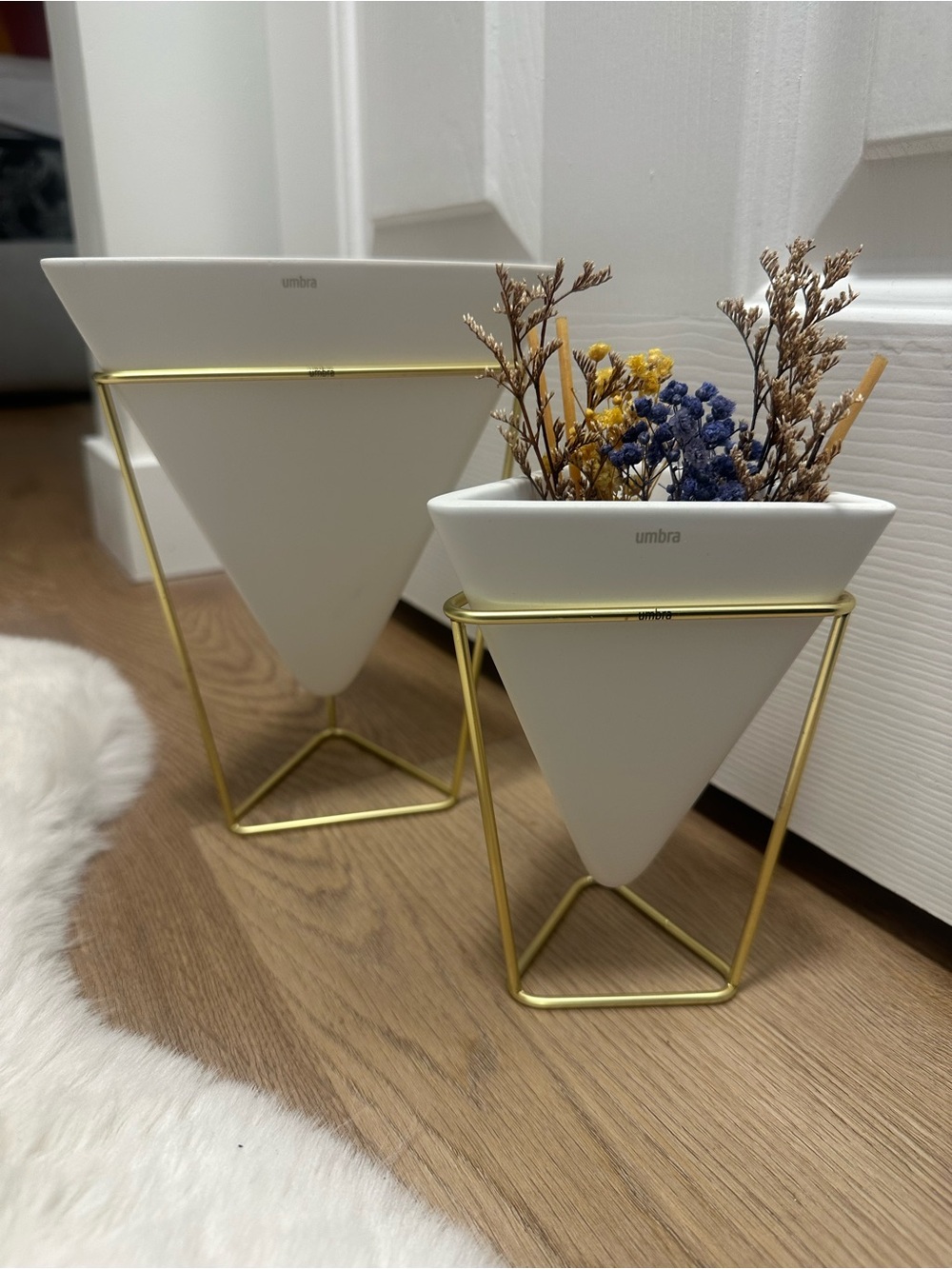Umbra White Ceramic Cone Vases with Gold Metal Stands - Set of 2